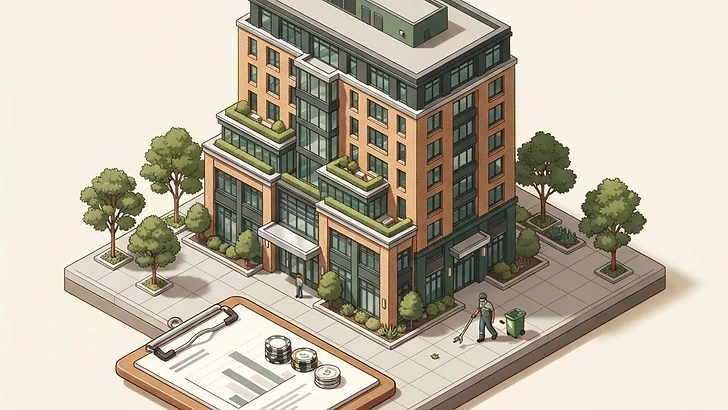 Isometric illustration of an Atlanta office property, grounds-care worker, and investment planning clipboard
