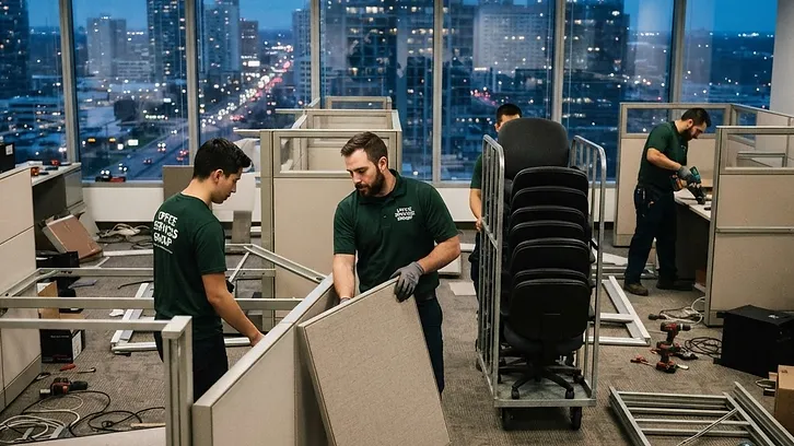 Crew disassembling cubicle panels and stacking office chairs inside an office suite