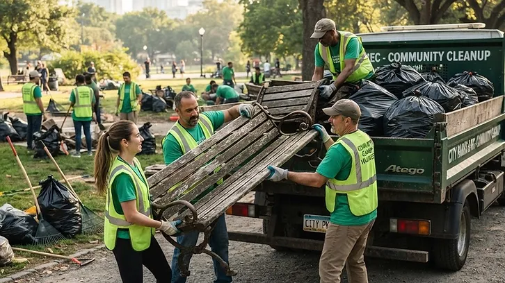 Crew loading old park benches and bagged debris into a truck during a community cleanup