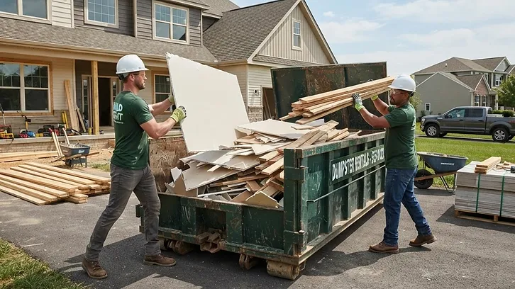 Workers loading drywall and lumber scrap into a roll-off dumpster at a job site