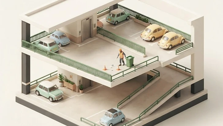 Isometric parking garage cutaway with a porter clearing a protected pedestrian route