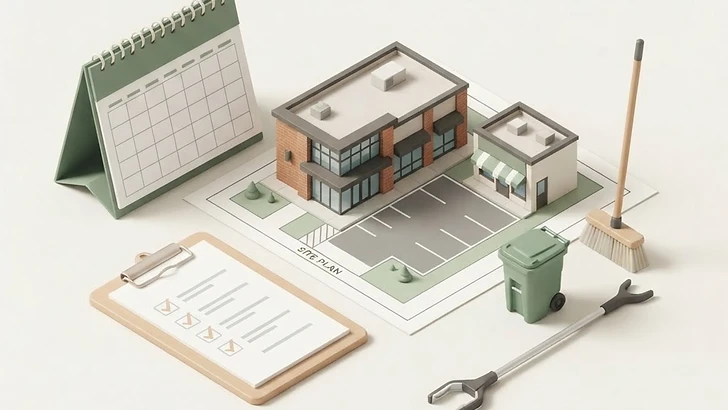 Isometric commercial property site plan with a calendar, checklist, and exterior cleanup tools