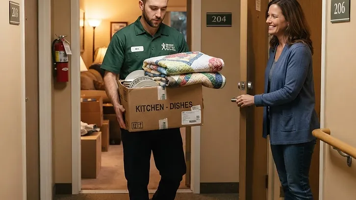 A WasteMatch pro carefully carrying boxed dishware and a folded quilt out of a senior apartment
