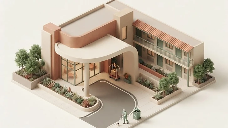 Isometric illustration of hotel and motel arrival areas with exterior grounds cleanup