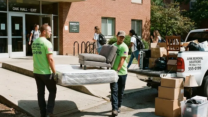 WasteMatch pros carrying a mattress and futon out of a dormitory building during move-out