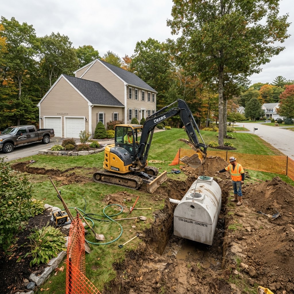 Septic system installation in progress at a Rockingham County, NH home with excavator on site