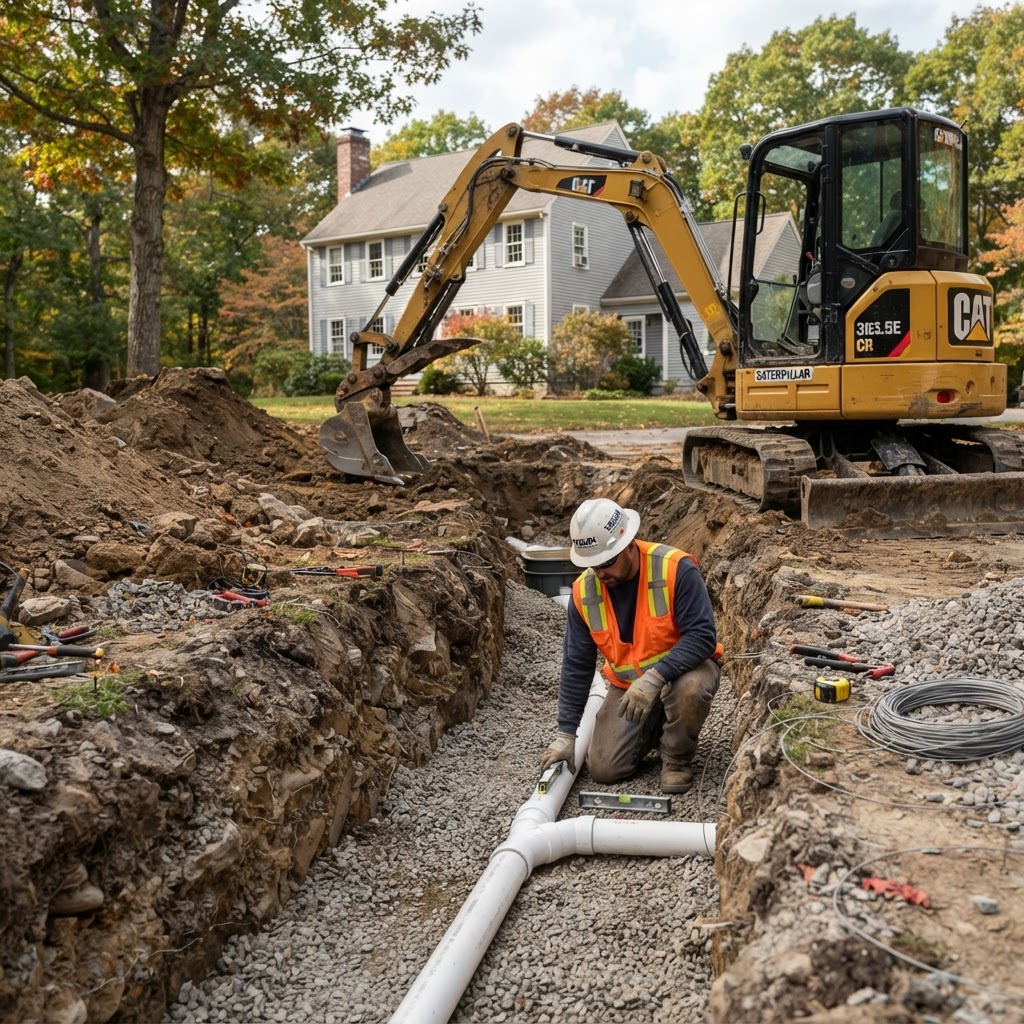Septic excavation work in progress with clean trenching at a Rockingham County, NH property