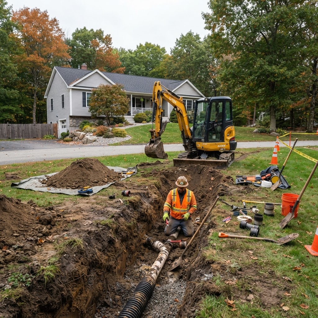 Residential septic pipe repair excavation in Southern New Hampshire