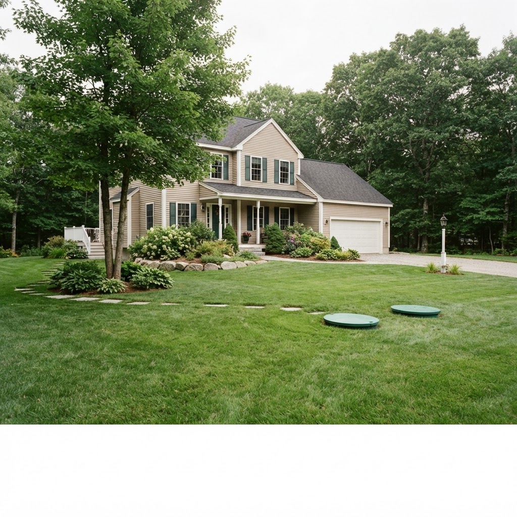 Completed residential septic installation with restored lawn at a Rockingham County, NH home