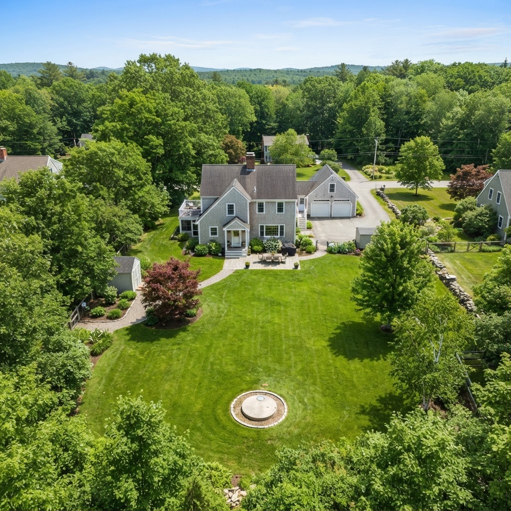 Aerial view of a residential backyard showing where a septic system is located beneath the lawn