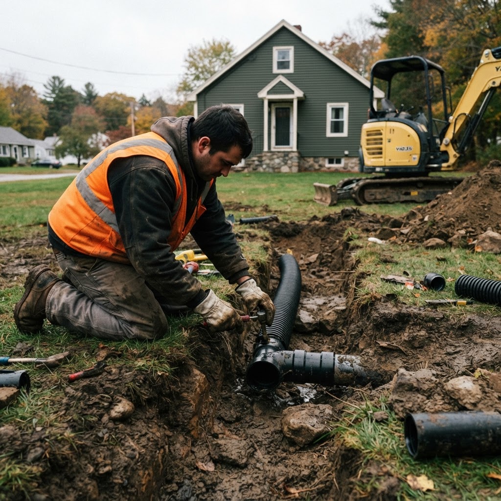 Excavation equipment on a residential septic pipe repair site in Southern New Hampshire