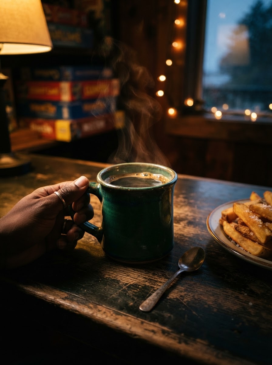 A steaming mug of coffee on a dark wood diner counter with board games visible in the warm background