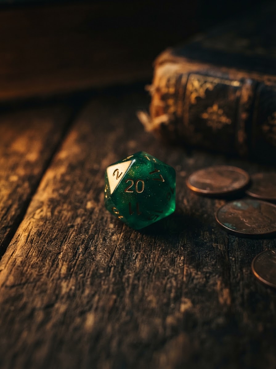 A close-up polyhedral d20 die on dark oak, warm amber lighting, surrounded by copper coins and a leather book
