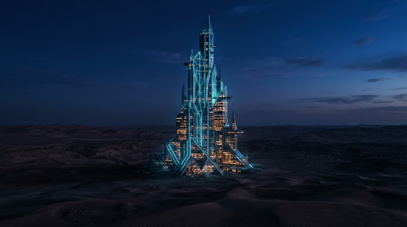 Aerial view of a crystalline skyscraper rising from Arabian desert dunes at blue hour, glowing with electric cyan light