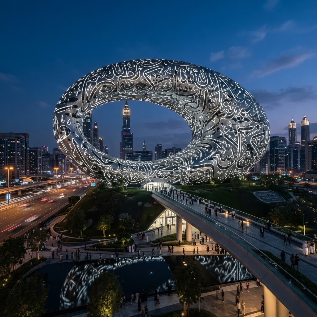 Toroidal Museum of the Future building in Dubai covered in Arabic calligraphy, glowing at dusk