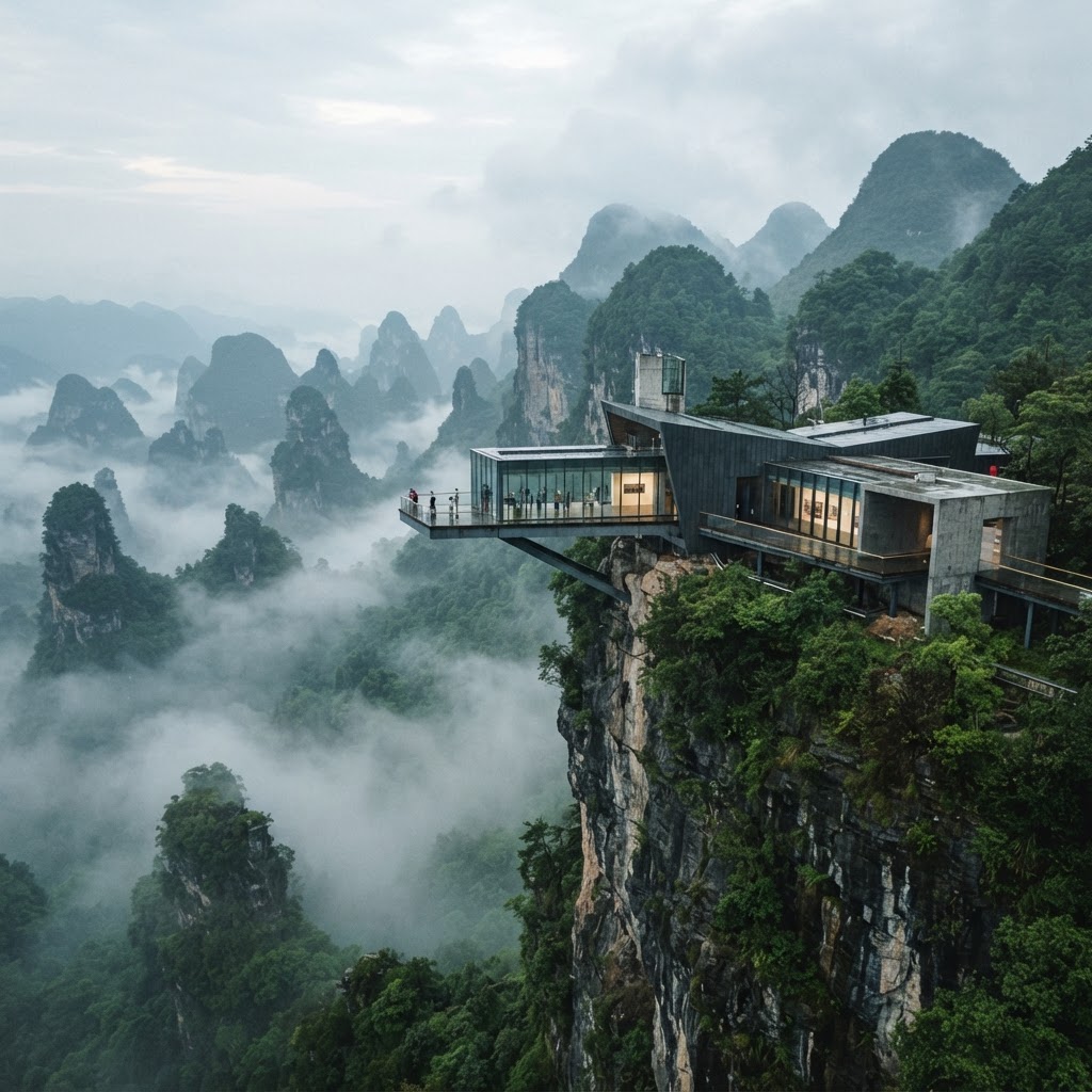 Contemporary visitor gallery built into karst limestone landscape in Guizhou, China, with misty green hills