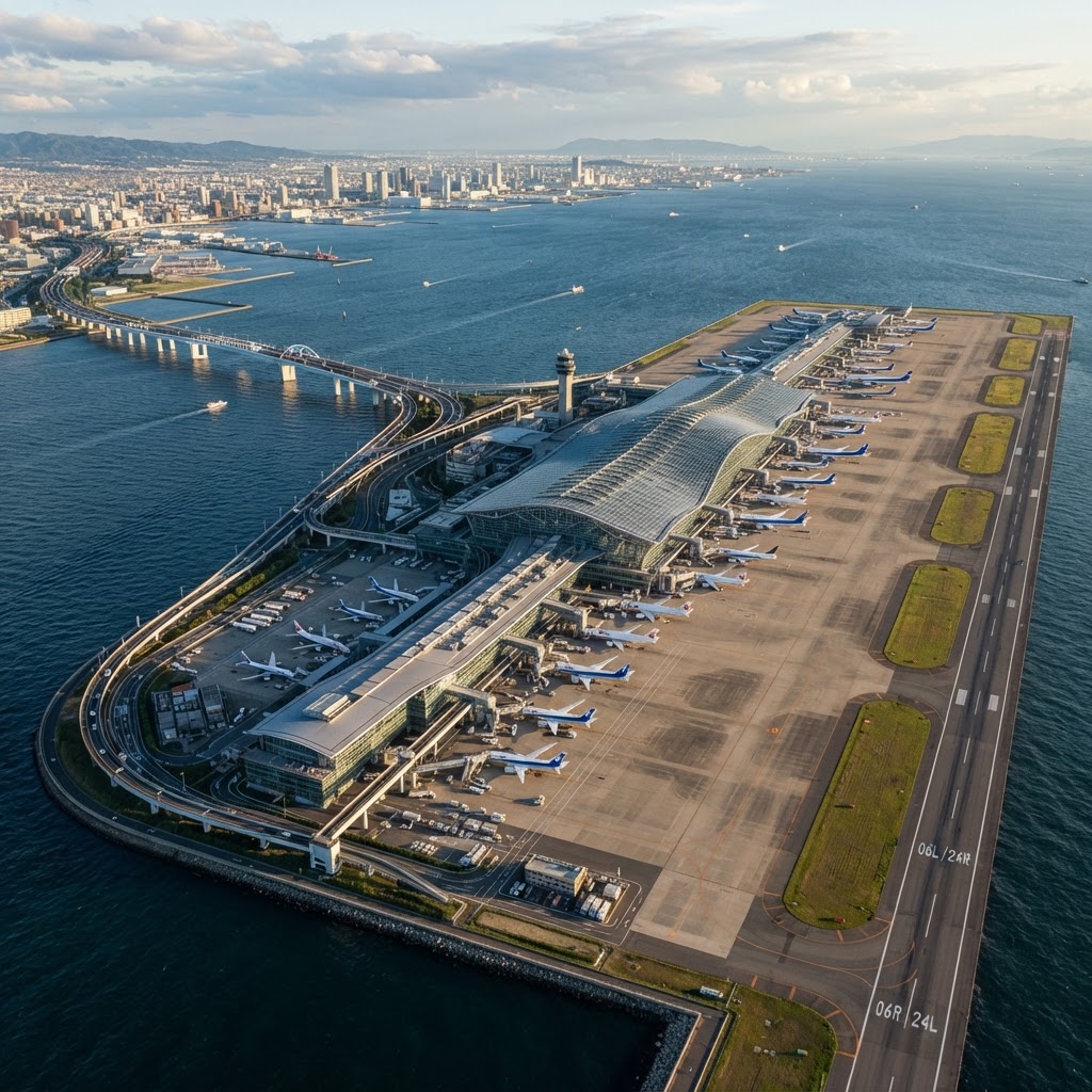 Kansai International Airport — a man-made island airport in Osaka Bay with its long terminal