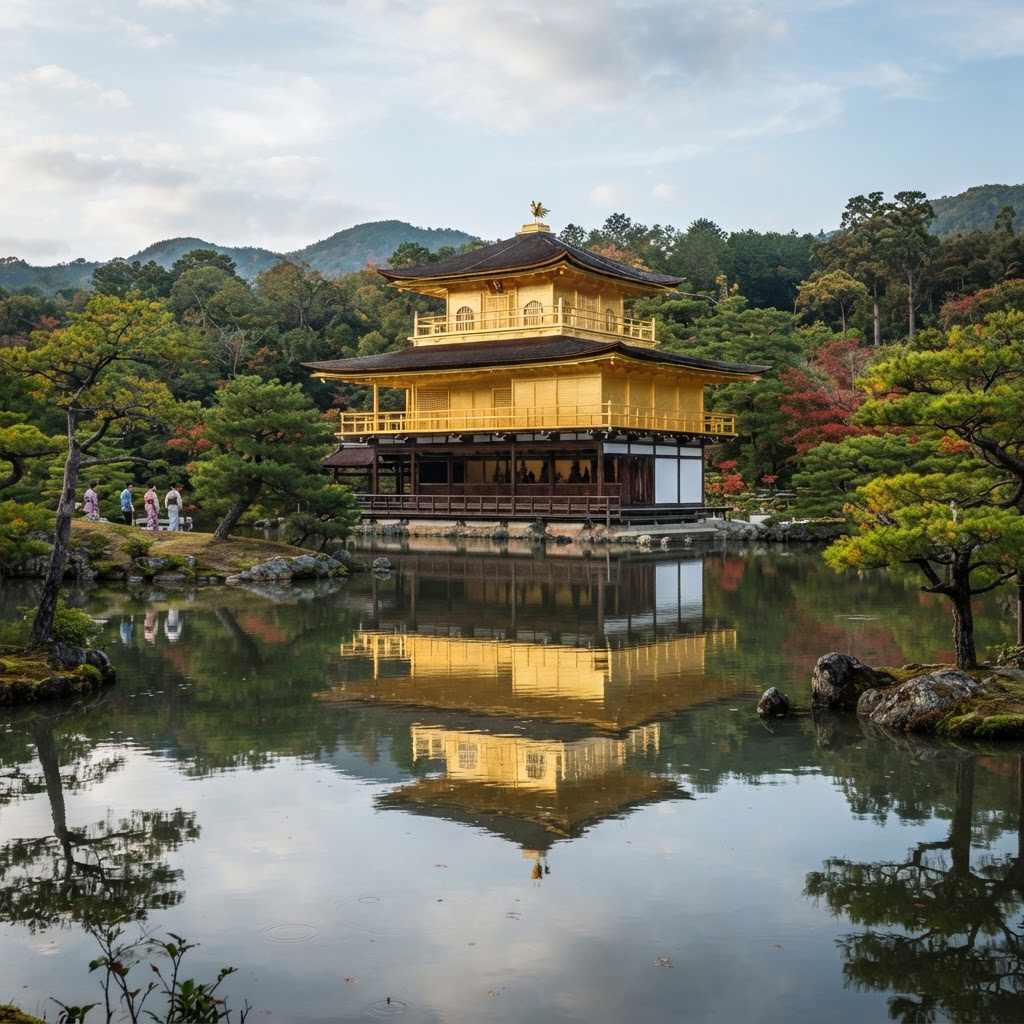 Kinkaku-ji, the Golden Pavilion, reflected in its mirror pond in Kyoto, Japan