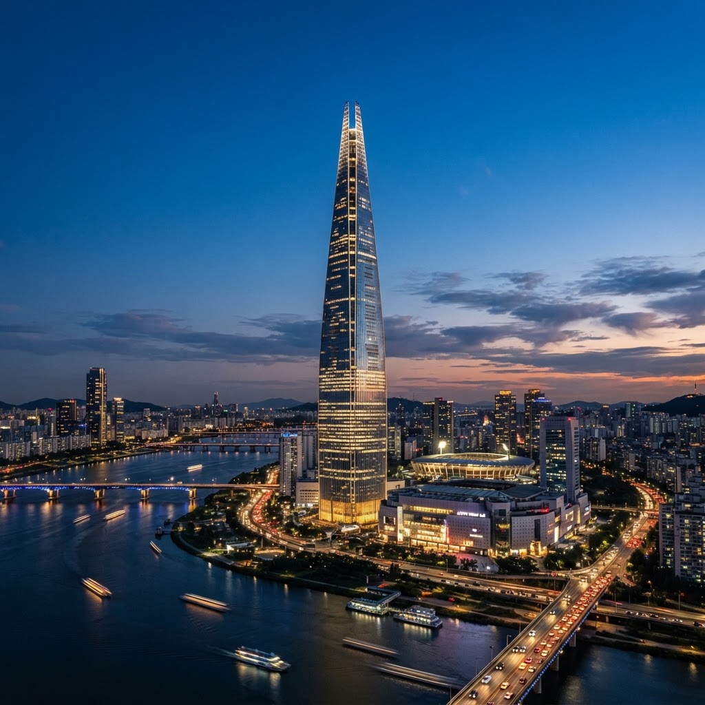 Lotte World Tower in Seoul, a tapered glass supertall tapering to a fine point above the Han River