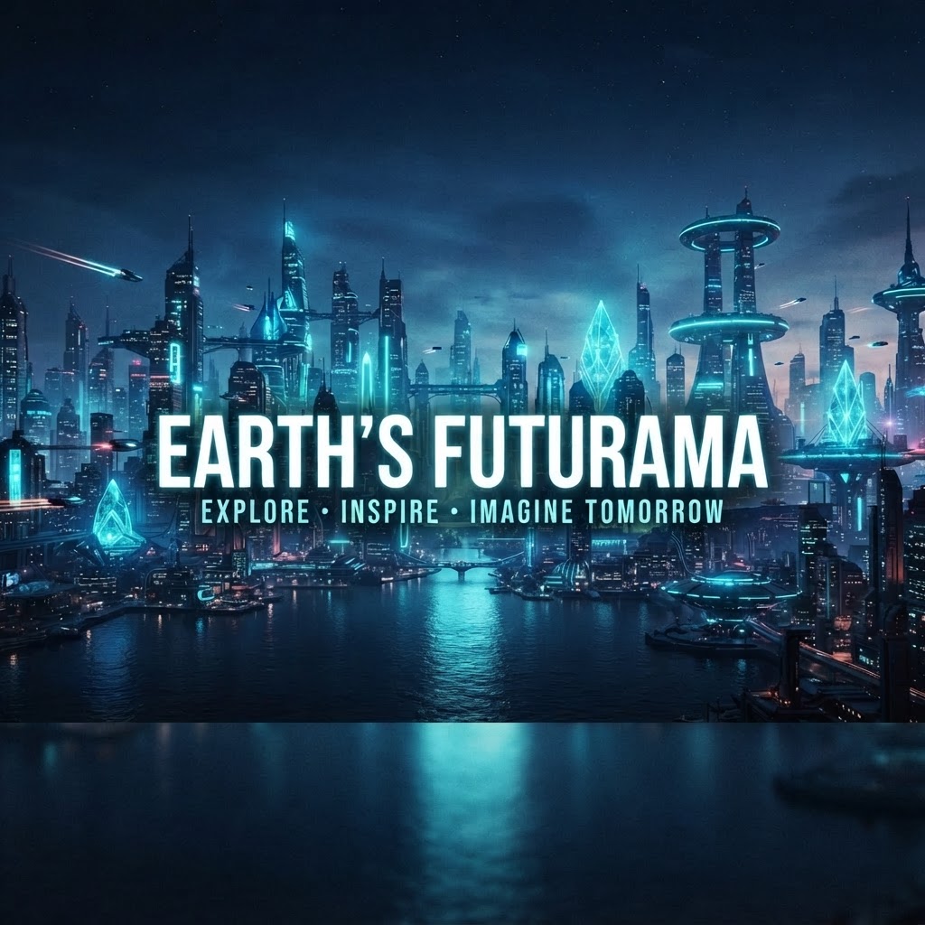 Earth's Futurama YouTube banner — futuristic cityscape with darker mysterious sky