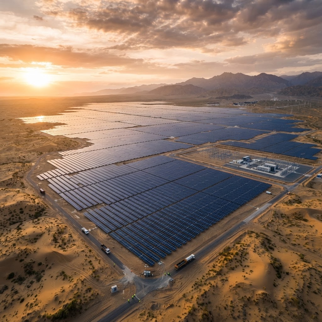 Tengger Desert solar park in Ningxia, China — vast fields of photovoltaic panels covering the desert floor