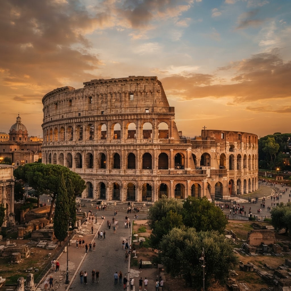 The Colosseum in Rome at golden hour — the ancient elliptical amphitheater
