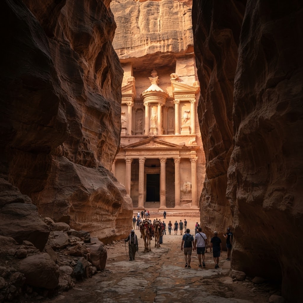 The Treasury facade at Petra, Jordan — a Nabatean tomb carved directly into the sandstone cliffs