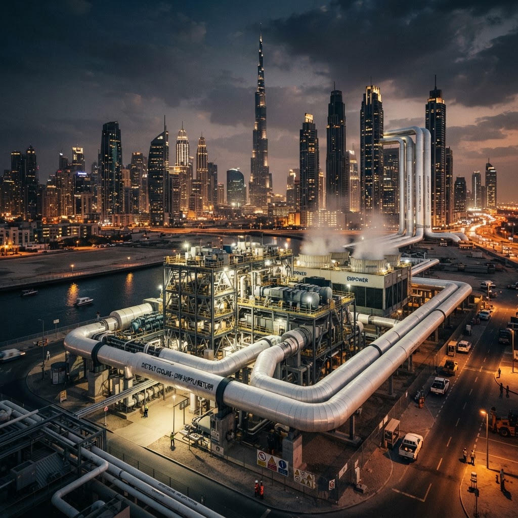 Dubai district cooling network — chilled-water plants serving the city's towers