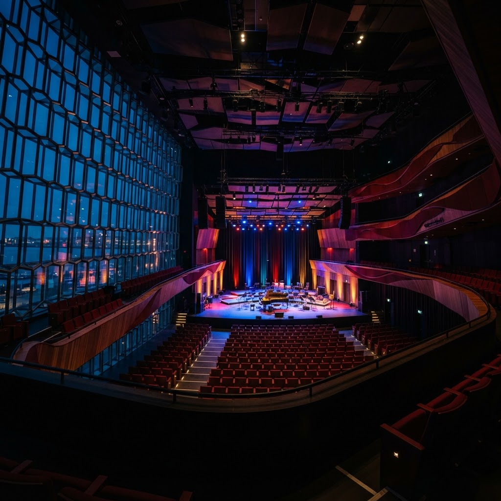 Harpa Concert Hall in Reykjavik at dusk with glowing geometric glass facade reflecting on the harbor — gallery image 3