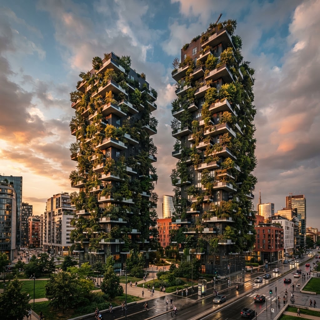 Bosco Verticale twin residential towers in Milan covered in dense greenery and trees on cantilevered balconies