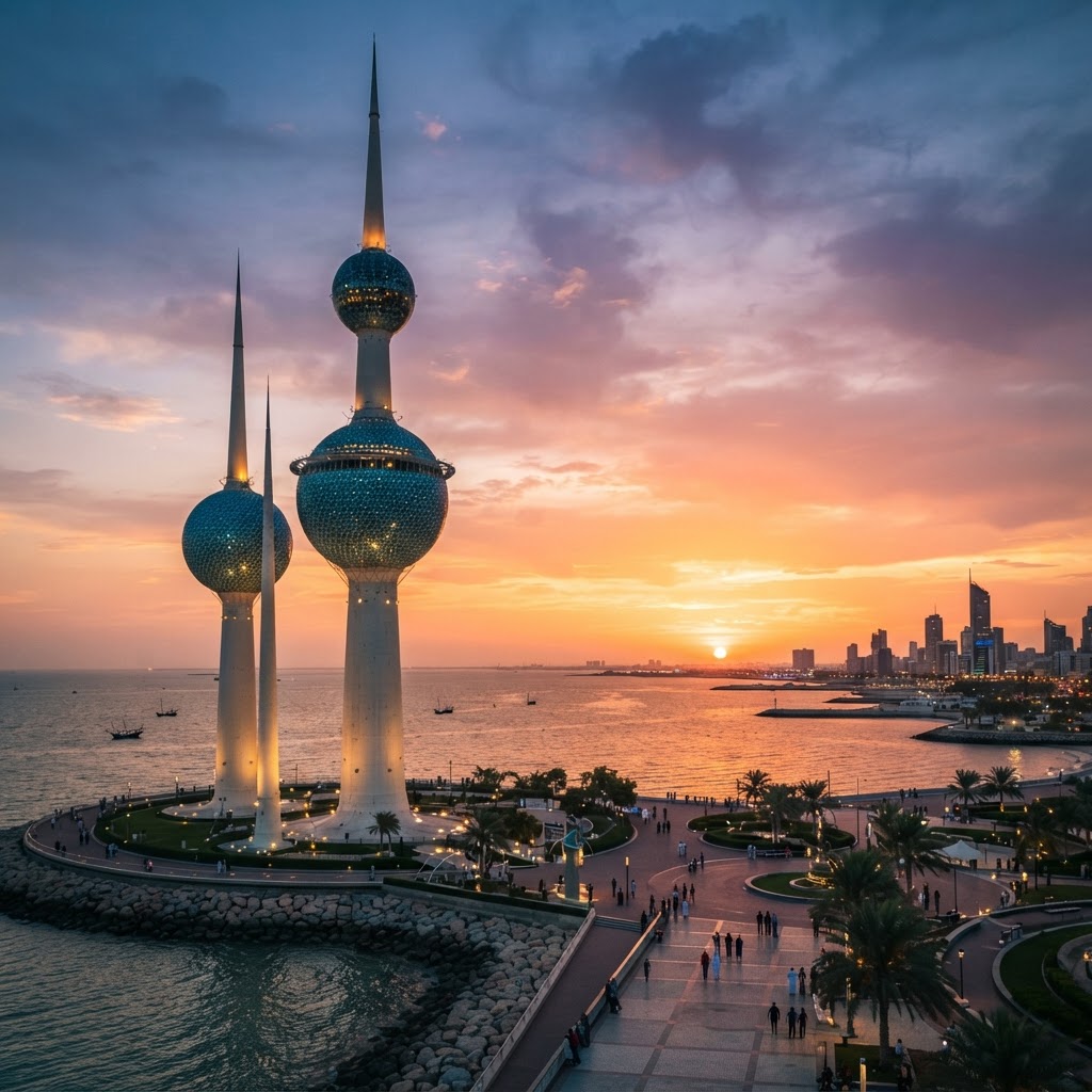Kuwait Towers — three thin concrete towers with blue-tiled spheres on the Arabian Gulf coast