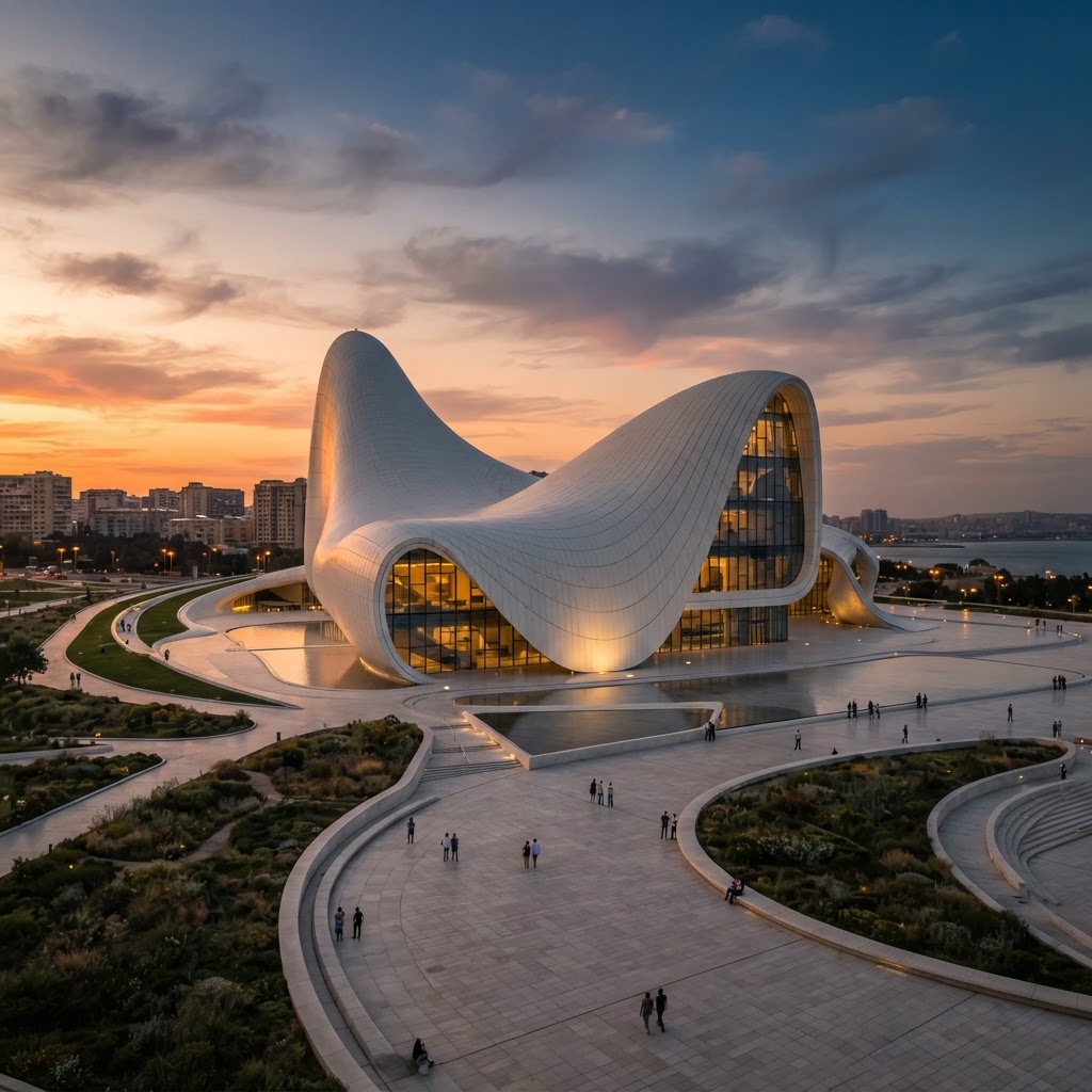 Heydar Aliyev Center in Baku, a flowing white Zaha Hadid building with no straight lines, at sunset