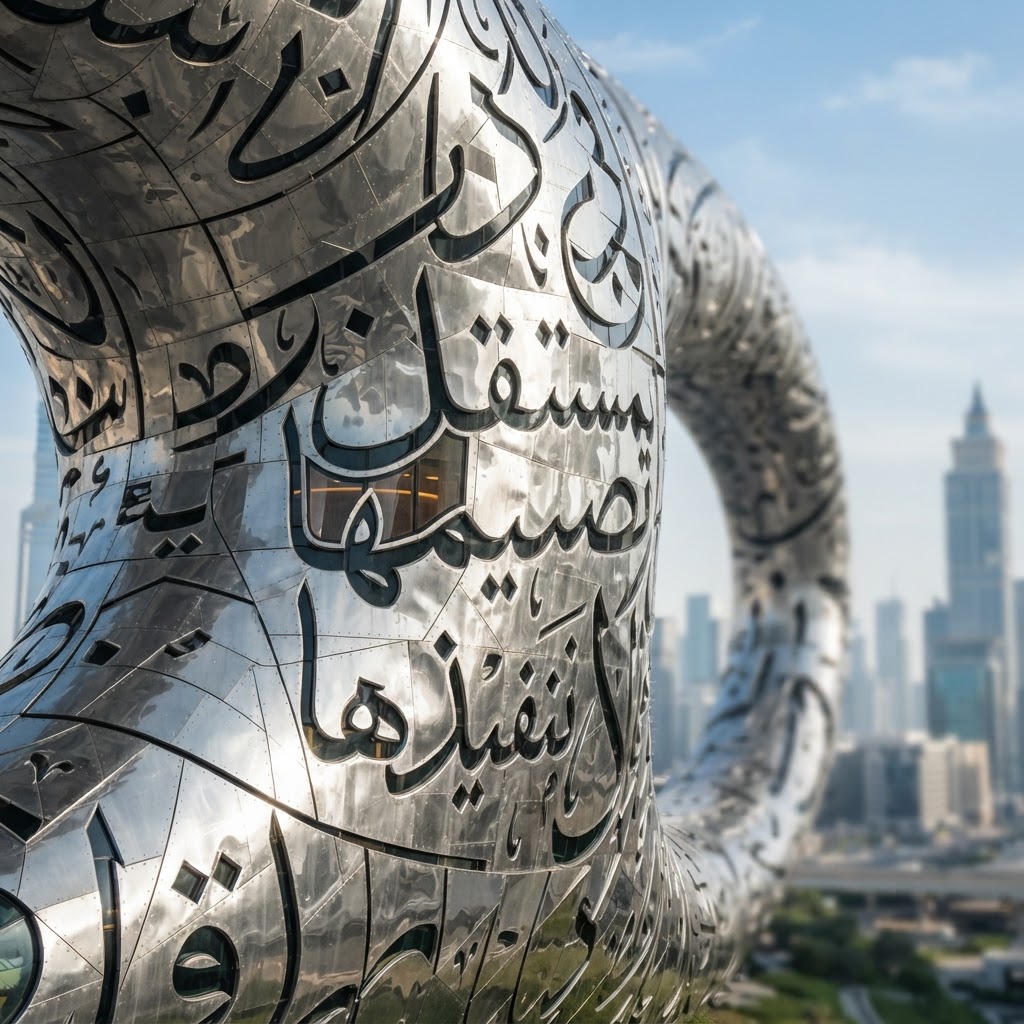 Toroidal Museum of the Future building in Dubai covered in Arabic calligraphy, glowing at dusk — gallery image 3