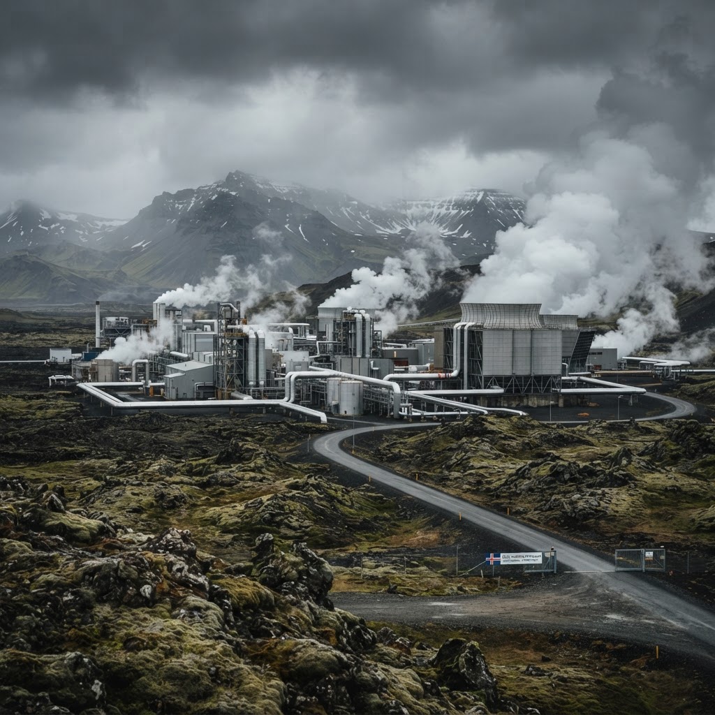 Hellisheidi geothermal power plant in Iceland, with steam rising across the volcanic plateau