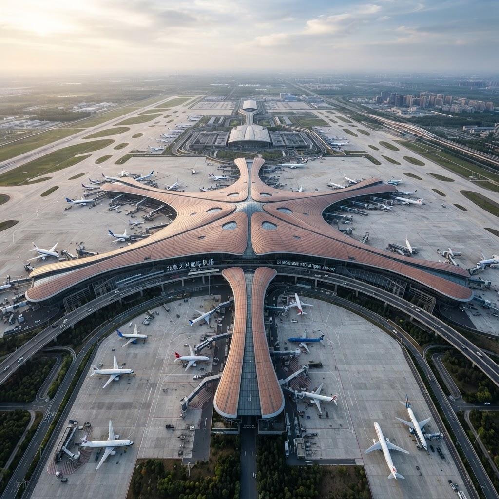 Beijing Daxing International Airport — Zaha Hadid's six-pier starfish terminal from above