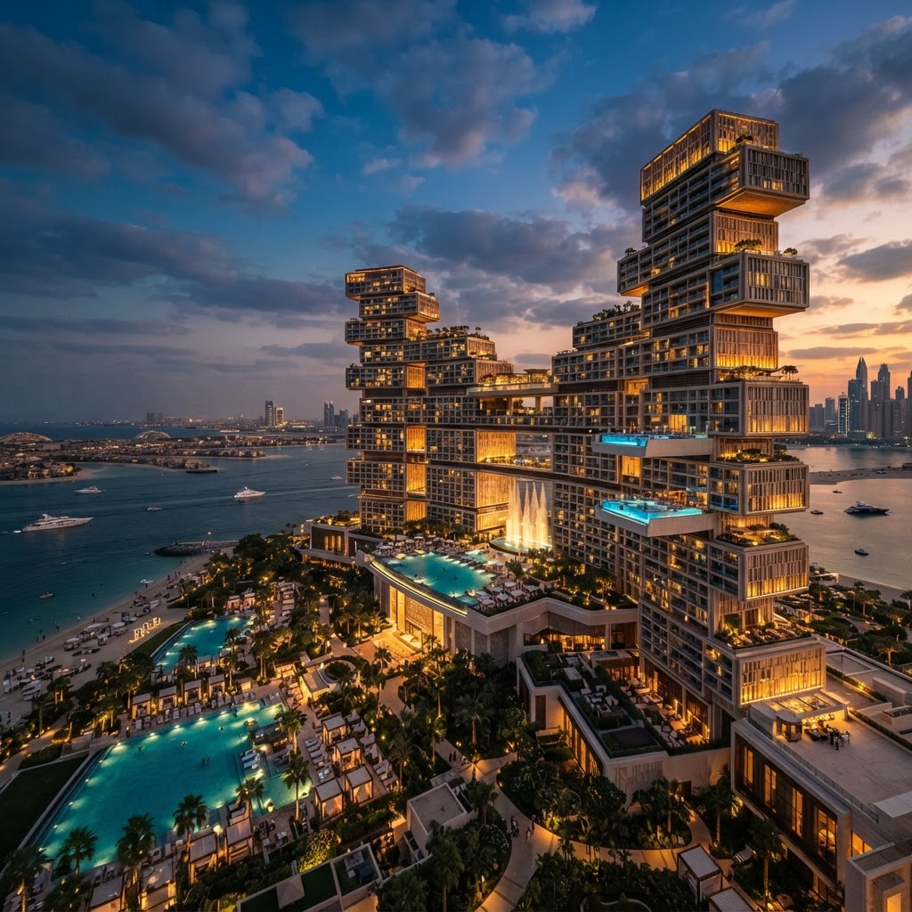 Atlantis The Royal resort on Palm Jumeirah, Dubai, with stepped white terraces and underwater suites looking into an aquarium