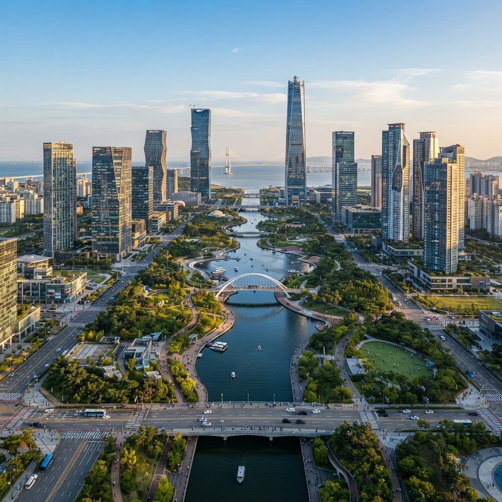 Songdo smart city in Incheon, South Korea — modern towers, parks and a central canal