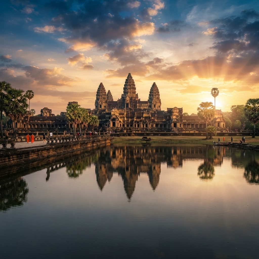 Angkor Wat at sunrise — the five towers of the Khmer temple city reflected in the moat