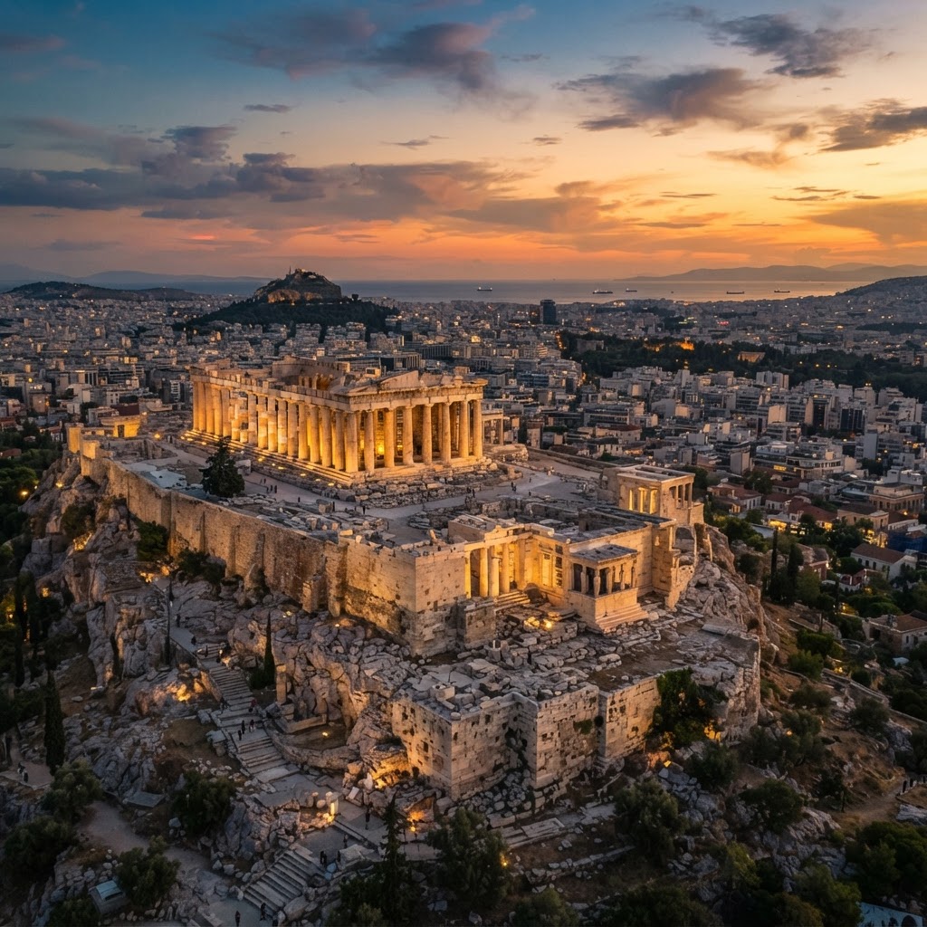 The Parthenon atop the Acropolis in Athens, viewed against the city below