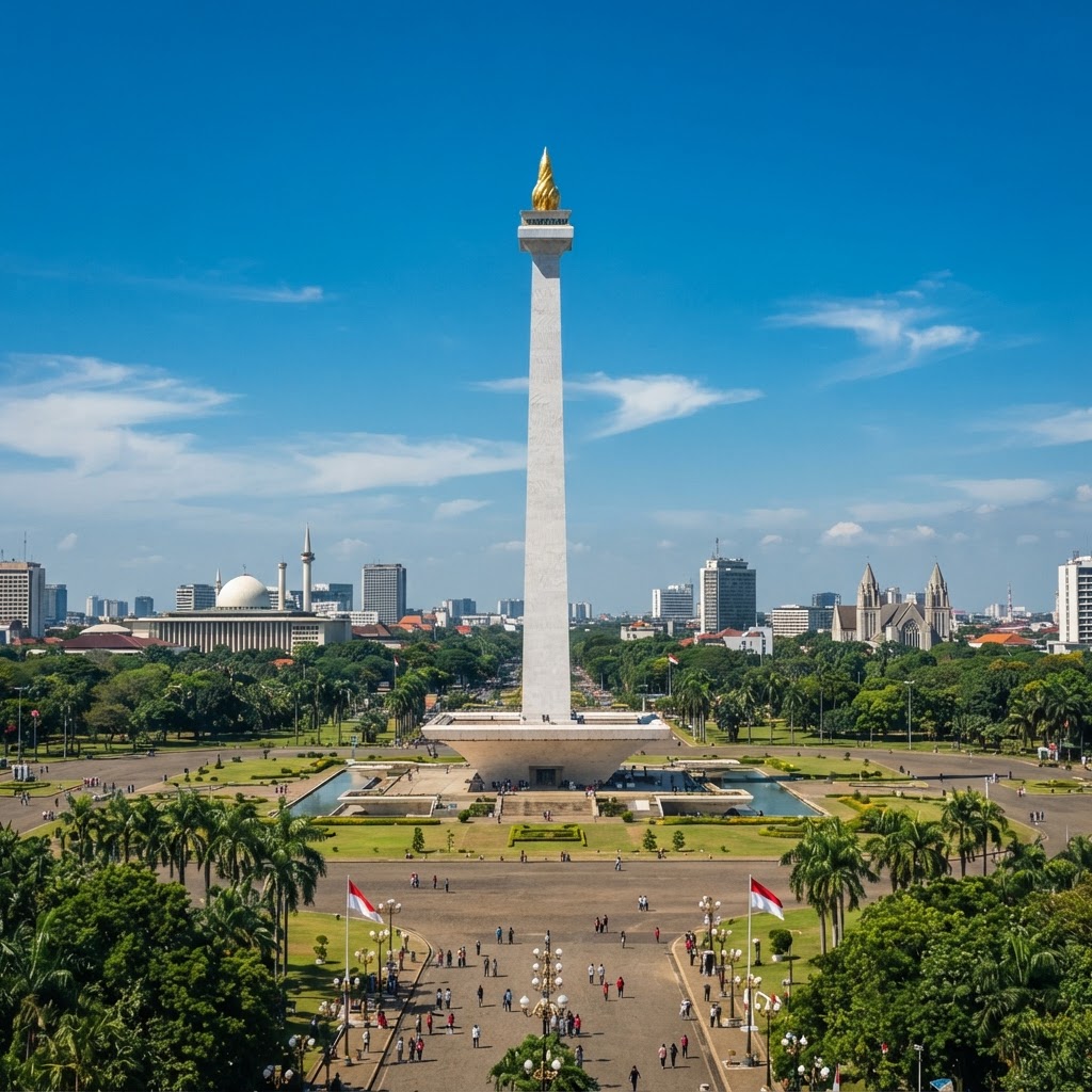 National Monument (Monas) obelisk in Merdeka Square, Jakarta, topped with a gold flame