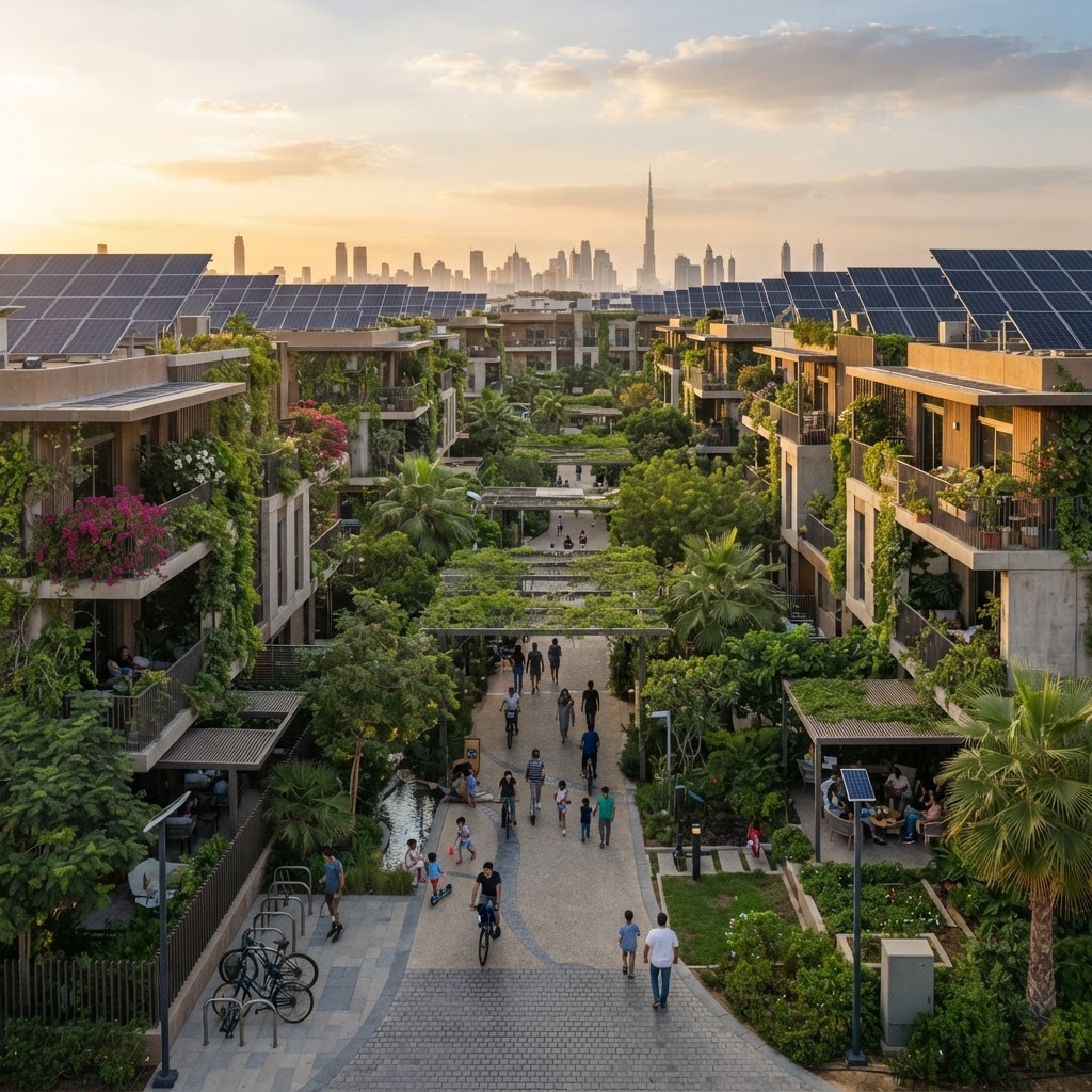 The Sustainable City in Dubai — a residential community with solar roofs, green facades and shaded streets
