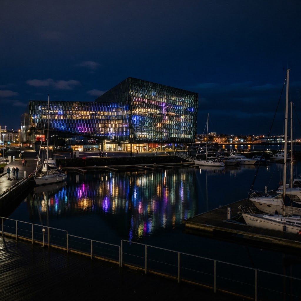 Harpa Concert Hall in Reykjavik at dusk with glowing geometric glass facade reflecting on the harbor — gallery image 2