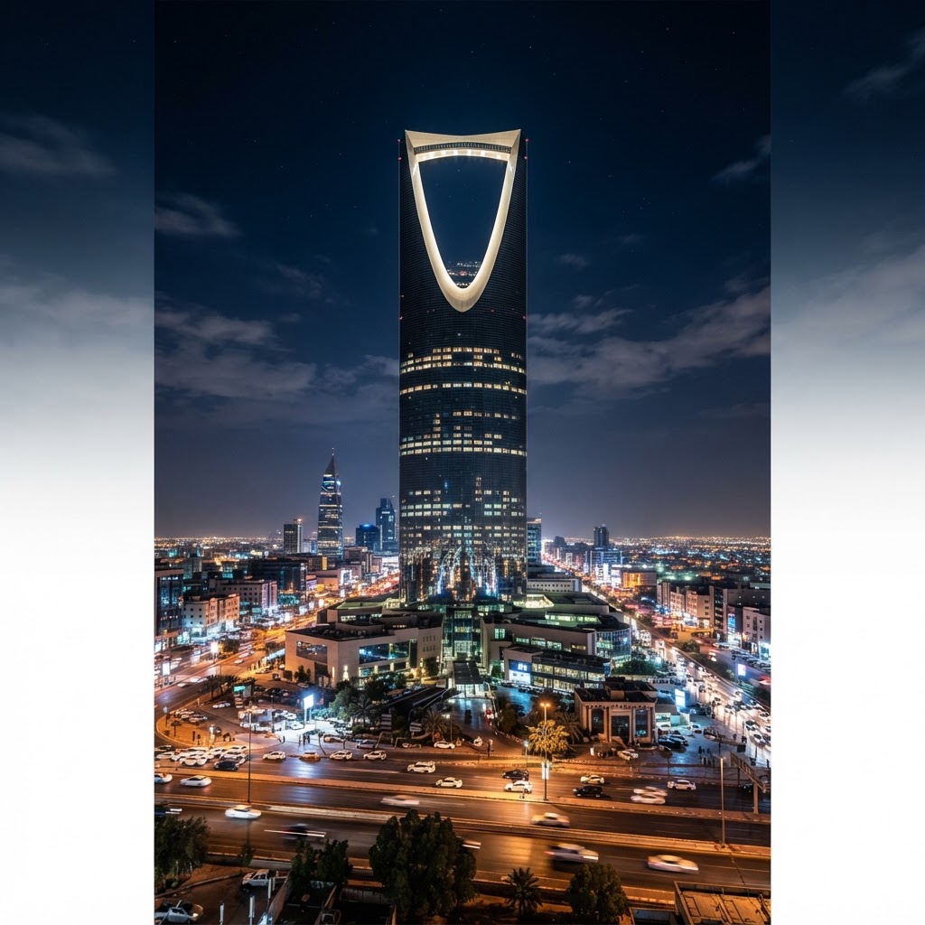Kingdom Centre tower in Riyadh with its distinctive inverted-arch open crown