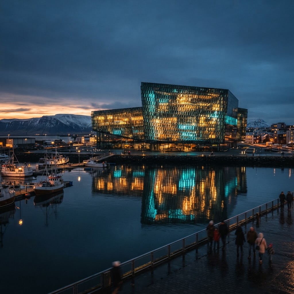 Harpa Concert Hall in Reykjavik at dusk with glowing geometric glass facade reflecting on the harbor
