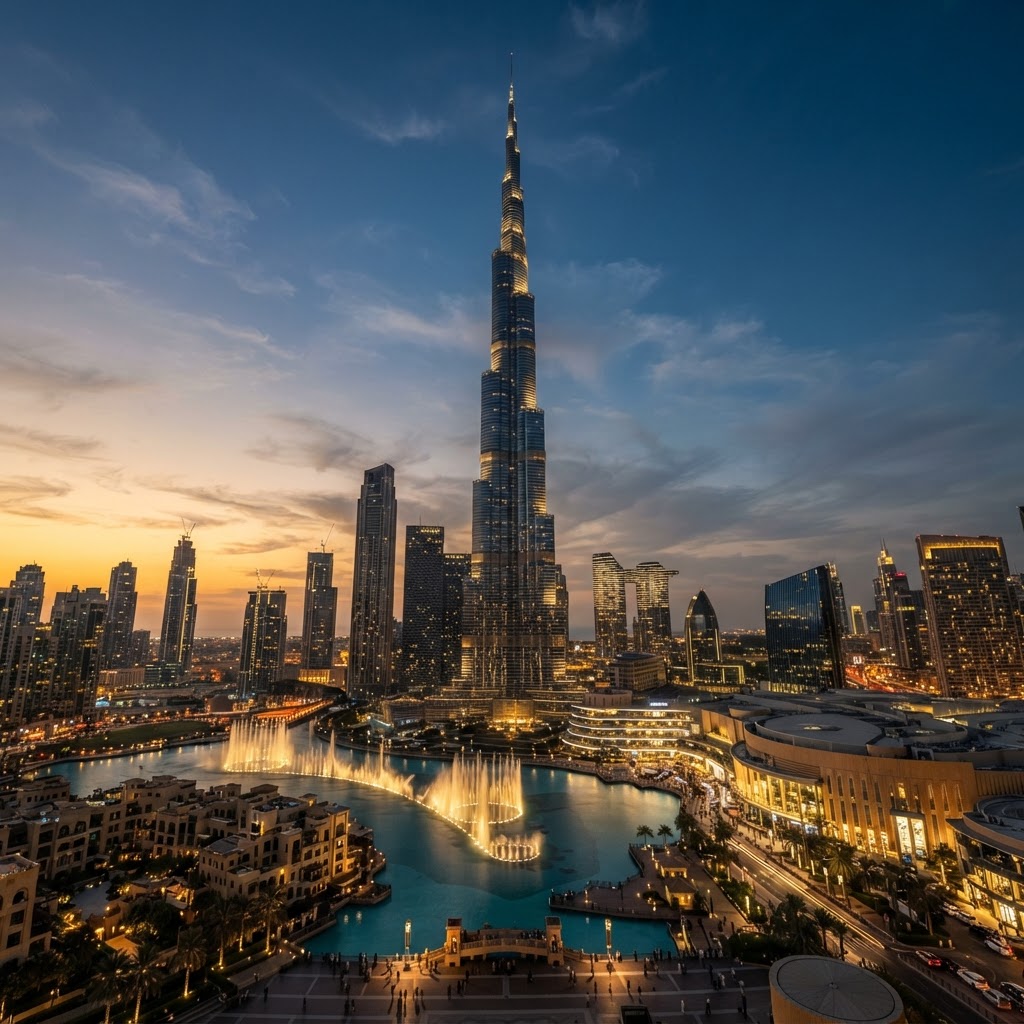Burj Khalifa, the world's tallest building, tapering above the Dubai skyline at dusk