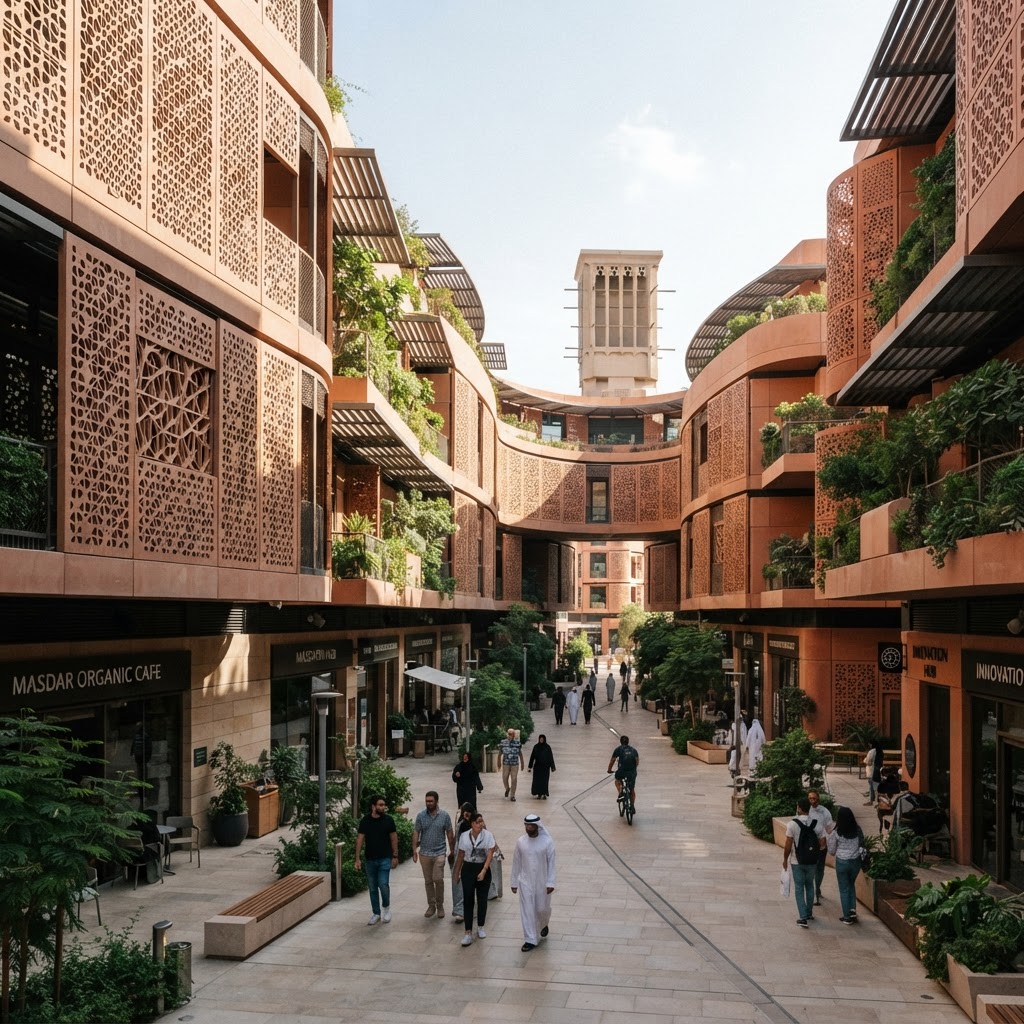 Masdar City planned sustainable development in Abu Dhabi, with shaded low-carbon buildings