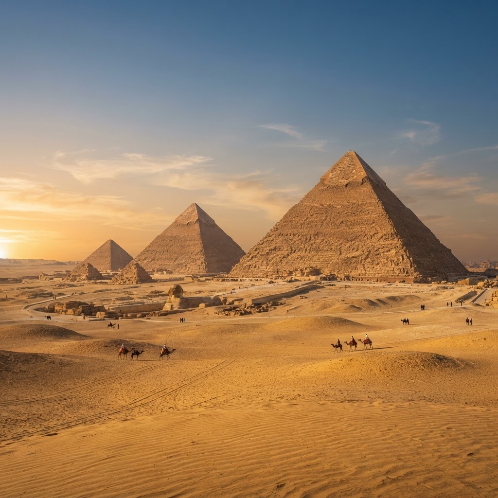 The Pyramids of Giza rising from the desert outside Cairo, Egypt