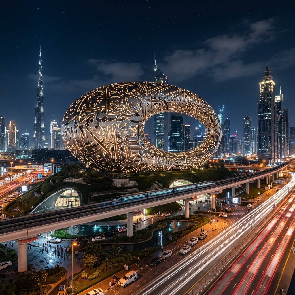 Toroidal Museum of the Future building in Dubai covered in Arabic calligraphy, glowing at dusk — gallery image 2