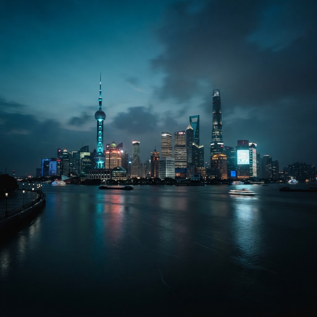 Earth's Futurama — the Shanghai Pudong skyline at dusk with glowing cyan towers reflecting in the Huangpu River