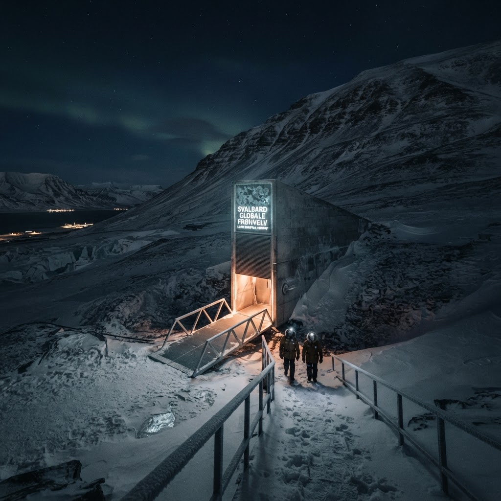 Svalbard Global Seed Vault entrance lit at night, carved into the Arctic mountainside